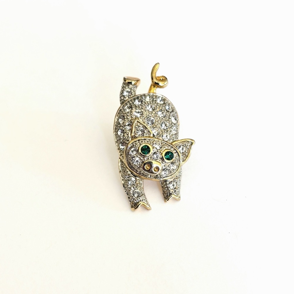 Vintage Landau gold piggy pig rhinestones brooch pin